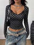 Women’s Polka Dot Lace Patchwork Long Sleeve Square Neck Slim Fit Cropped T Shirt