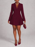 Women’s Fall Winter Turndown Collar Button Pleated A Line Mini Dress