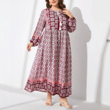 Women’s Bohemian Geometric Floral Print Long Sleeve Loose Maxi Dress