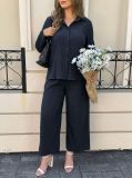 Women’s Summer Loose Shirt and Wide Leg Pants Casual Career Two Piece Set