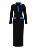 Women’s Fall Winter Sexy Long Sleeve Turndown Collar Slit Button Bodycon Dress