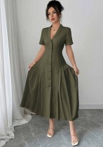 Women’s Career Olive Green V Neck Short Sleeve Single Breasted Pleated Maxi Dress Women’s Career Olive Green V Neck Short Sleeve Single Breasted Pleated Maxi Dress