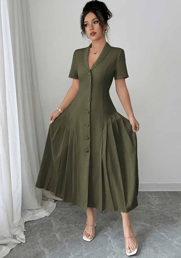 Women’s Career Olive Green V Neck Short Sleeve Single Breasted Pleated Maxi Dress