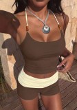 Women’s Printed Strap Vest Colorblock Square Leg Shorts Beach Casual Two Piece Swimsuit