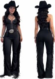 Women’s Sexy Western Style Halter Neck Tassel Wide Leg Party Jumpsuit