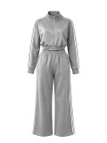 Women’s Fall Winter Turndown Collar Zip Long Sleeve Top Wide Leg Pants Two Piece Set