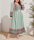 Women’s Bohemian Geometric Floral Print Long Sleeve Loose Maxi Dress