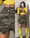 Women’s Summer Camo Print Raw Hem Asymmetrical Denim Skirt