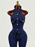Women’s Summer Halter Neck Criss Cross Halter Neck Low Back Denim Top