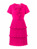 Women’s Fashion Solid Color V Neck Short Sleeve Cascading Ruffle Chiffon Pleated Dress