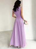 Women’s Light Purple Sleeveless High Waist Pleated Textured A Line Maxi Dress