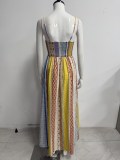 Women’s Summer Multicolor Print Sexy Cutout Lace Up Slim Waist Holiday Maxi Dress
