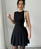 Women’s Fashion Round Neck Sleeveless Slim Waist Pleated Black Mini Dress