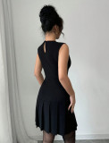 Women’s Fashion Round Neck Sleeveless Slim Waist Pleated Black Mini Dress