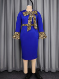 Women’s Fall Winter Lace Up Patchwork Leopard Print Bell Sleeve Bodycon Party Dress