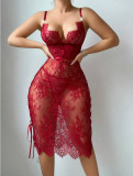 Women’s Sexy Red Lace Up Strap Bodycon Dress Lingerie