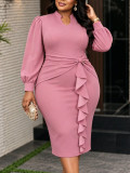Women’s Plus Size Pink Stand Collar Puff Sleeve Slim Waist Ruffle Hem Bodycon Formal Party Midi Dress