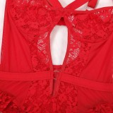Women’s Sexy Lace Mesh Strap Bodysuit with Garter Lingerie