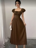 Women’s Brown Textured Square Neck Tie Waist Double Ruffle Sleeve Maxi Dress