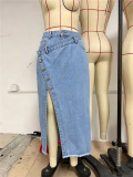 Women’s High Waist Raw Hem Slit Asymmetrical Denim Skirt