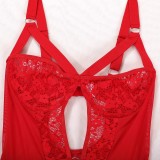Women’s Sexy Lace Mesh Strap Bodysuit with Garter Lingerie