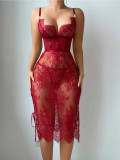 Women’s Sexy Red Lace Up Strap Bodycon Dress Lingerie