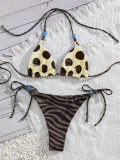 Women’s Reversible Polka Dot Tiger Print Halter Neck Lace Up Two Piece Swimsuit