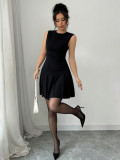 Women’s Fashion Round Neck Sleeveless Slim Waist Pleated Black Mini Dress