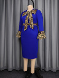 Women’s Fall Winter Lace Up Patchwork Leopard Print Bell Sleeve Bodycon Party Dress