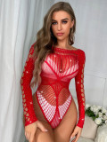 Women’s Sexy Beaded Long Sleeve Cutout See Through Fishnet Bodysuit Lingerie