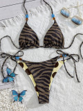 Women’s Reversible Polka Dot Tiger Print Halter Neck Lace Up Two Piece Swimsuit