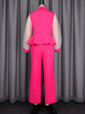 Women’s Plus Size Rose Mesh Puff Sleeve Ruffle Top High Waist Wide Leg Pants Two Piece Set