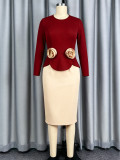 Women’s Plus Size Colorblock V Neck Long Sleeve Ruffle Career Bodycon Dress