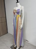 Women’s Summer Multicolor Print Sexy Cutout Lace Up Slim Waist Holiday Maxi Dress