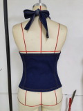 Women’s Summer Halter Neck Criss Cross Halter Neck Low Back Denim Top