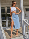 Women’s High Waist Raw Hem Slit Asymmetrical Denim Skirt