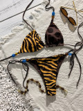 Women’s Reversible Polka Dot Tiger Print Halter Neck Lace Up Two Piece Swimsuit