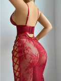 Women’s Sexy Red Lace Up Strap Bodycon Dress Lingerie