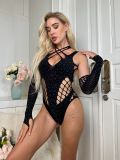 Women’s Beaded Halter Neck Criss Cross Cutout Sleeve Fishnet Bodysuit Lingerie