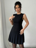 Women’s Fashion Round Neck Sleeveless Slim Waist Pleated Black Mini Dress