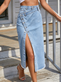 Women’s High Waist Raw Hem Slit Asymmetrical Denim Skirt