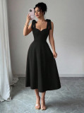 Women’s Elegant Black Sweetheart Neck Bow Strap Formal Party Midi Dress