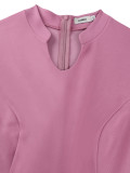 Women’s Plus Size Pink Stand Collar Puff Sleeve Slim Waist Ruffle Hem Bodycon Formal Party Midi Dress