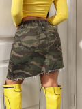 Women’s Summer Camo Print Raw Hem Asymmetrical Denim Skirt