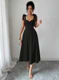 Women’s Elegant Black Sweetheart Neck Bow Strap Formal Party Midi Dress