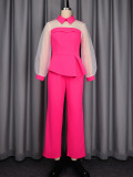 Women’s Plus Size Rose Mesh Puff Sleeve Ruffle Top High Waist Wide Leg Pants Two Piece Set