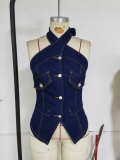 Women’s Summer Halter Neck Criss Cross Halter Neck Low Back Denim Top