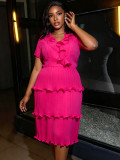 Women’s Fashion Solid Color V Neck Short Sleeve Cascading Ruffle Chiffon Pleated Dress