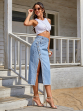 Women’s High Waist Raw Hem Slit Asymmetrical Denim Skirt
