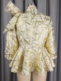 Women’s Fall Winter Gold Jacquard Slim Waist Bow Ruffle Top